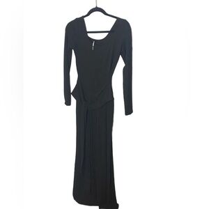 Front Tie Ribbed Long Sleeve Jumpsuit - Black